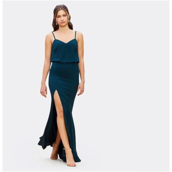 DRESS THE POPULATION Gracelyn Pine Blouson High Slit Maxi Dress Size Large NEW - Picture 14 of 14